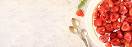 Tasty strawberry pie on light background with space for textの写真素材