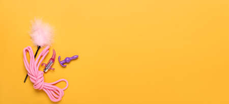 Different sex toys on color background with space for text