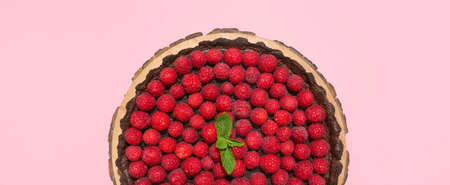 Tasty raspberry pie on color background, top viewの写真素材