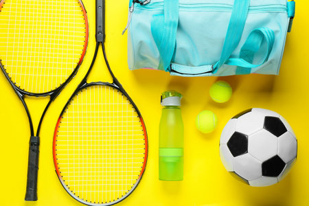 Composition with bag and sports equipment on color background