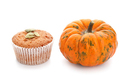 Tasty pumpkin muffin on white backgroundの写真素材