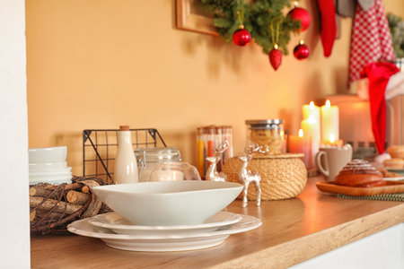 Different utensils in kitchen decorated for Christmasの写真素材