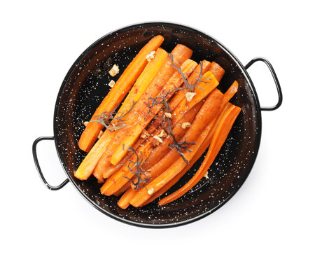 Dish of tasty baked carrot on white backgroundの写真素材