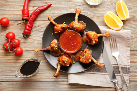 Plate with tasty chicken lollipops and sauce on wooden backgroundの写真素材