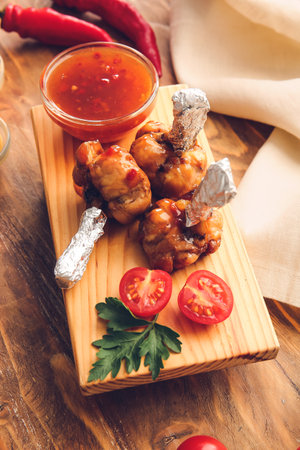 Board with tasty chicken lollipops and sauce on wooden backgroundの写真素材