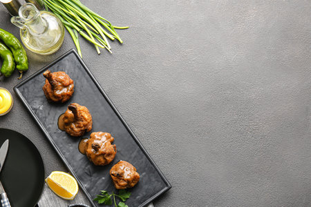 Board with tasty chicken lollipops on dark backgroundの写真素材