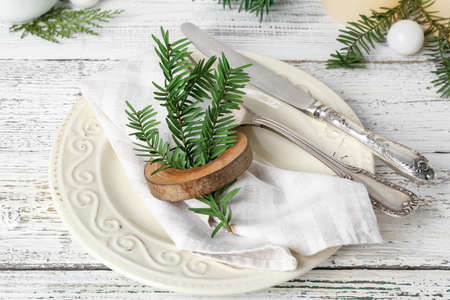 Beautiful table setting for Christmas celebrationの写真素材