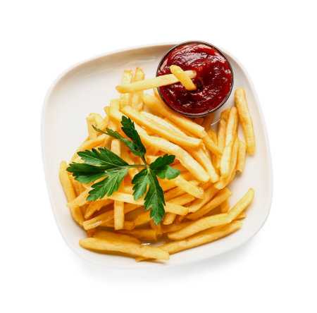 Plate with tasty french fries and sauce on white background