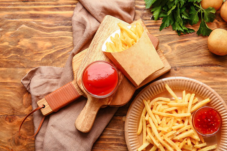 Tasty french fries and tomato sauce on tableの写真素材