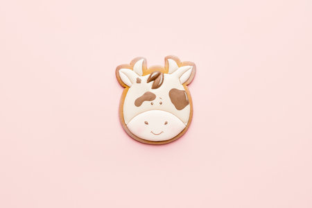 Tasty Christmas cookie in shape of bull on color backgroundの写真素材