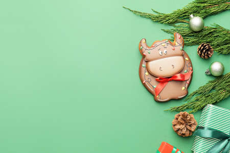 Tasty cookie in shape of bull and Christmas decor on color backgroundの写真素材