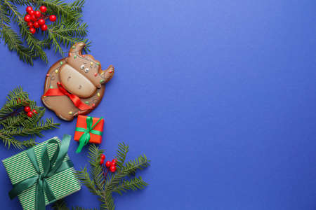 Tasty cookie in shape of bull and Christmas decor on color backgroundの写真素材