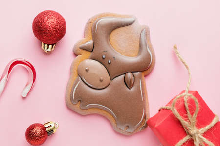 Tasty cookie in shape of bull and Christmas decor on color backgroundの写真素材