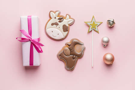 Tasty cookies in shape of bull and Christmas decor on color backgroundの写真素材