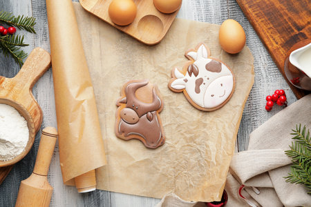 Tasty Christmas cookies in shape of bull and ingredients on table