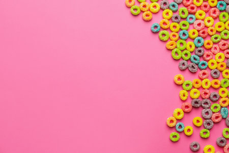 Tasty cereal rings on color backgroundの写真素材