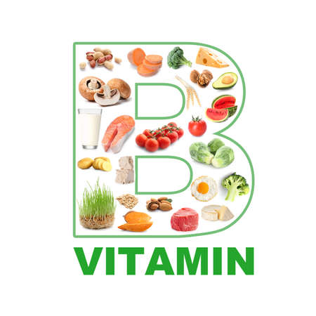 Healthy products rich in vitamin B on white background