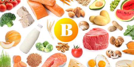 Healthy products rich in vitamin B on white backgroundの写真素材