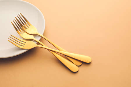 Stylish forks and plate on color backgroundの写真素材