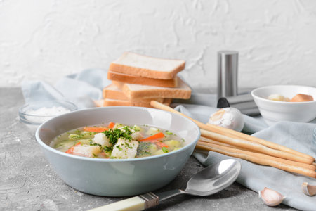 Bowl with tasty garlic soup on tableの写真素材