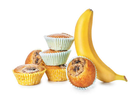 Tasty banana muffins on white backgroundの写真素材