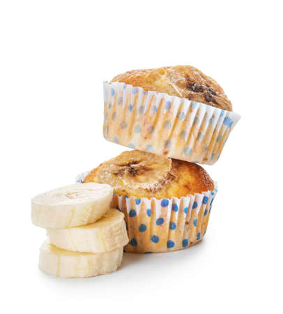 Tasty banana muffins on white backgroundの写真素材