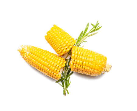 Tasty baked corn cobs on white background