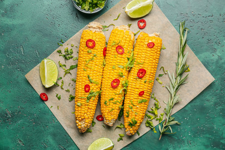 Tasty baked corn cobs on color background