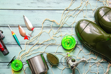 Different fishing equipment on color wooden backgroundの写真素材