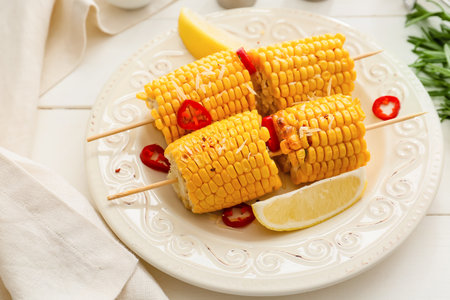 Plate with tasty baked corn cobs on light background