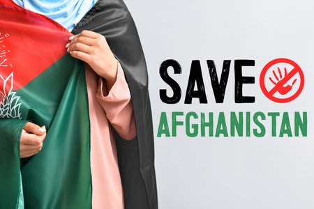 Woman with flag and text SAVE AFGHANISTAN on gray backgroundの写真素材