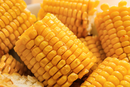 Plate with tasty baked corn cobs, closeup