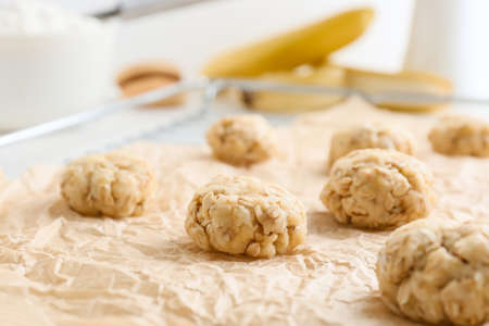 Uncooked banana cookies on table closeupの写真素材