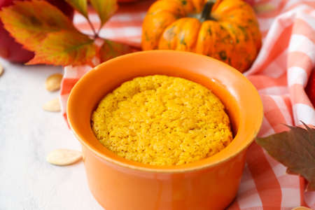 Tasty pumpkin pudding on tableの写真素材