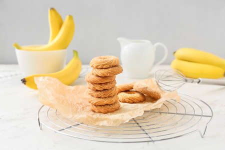 Tasty banana cookies on light backgroundの写真素材