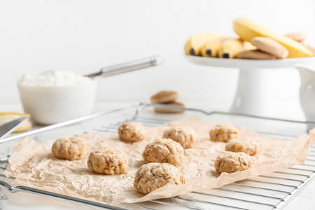 Uncooked banana cookies on tableの写真素材