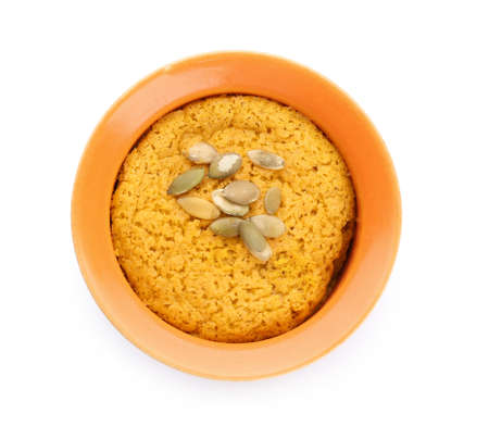 Tasty pumpkin pudding on white background