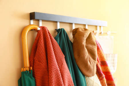 Stylish clothes hanging on wall in hall
