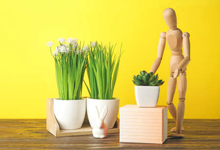 Wooden mannequin with plants on color background. Concept of gardeningの写真素材