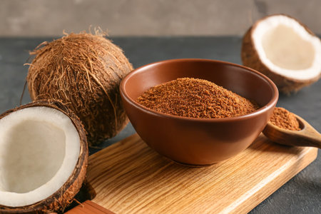 Sweet coconuts and bowl of sugar on dark backgroundの写真素材