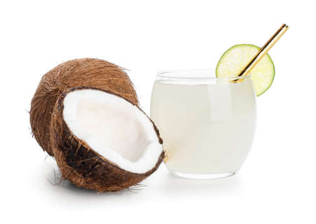 Glass of fresh coconut water on white backgroundの写真素材