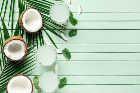 Composition with fresh coconut water on wooden background