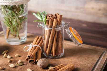 Different spices on wooden background, closeupの写真素材