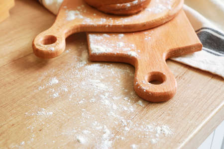 Cutting boards on kitchen table, closeupの写真素材