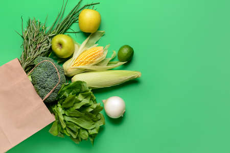 Paper bag with different products on color backgroundの写真素材