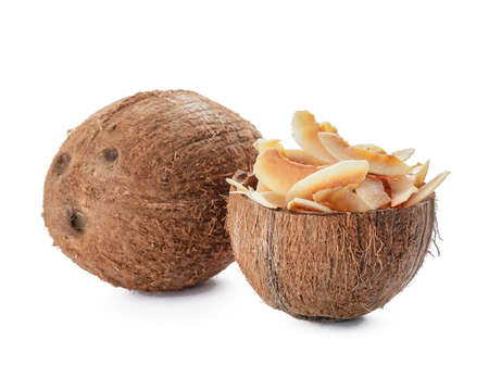 Tasty coconut with chips on white backgroundの写真素材