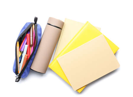 Modern flask and stationery on white background
