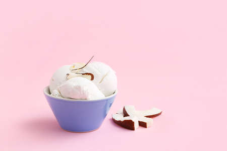 Bowl with tasty coconut ice cream on color background