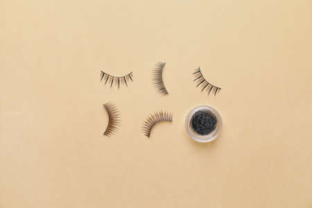 Different false eyelashes on color backgroundの写真素材