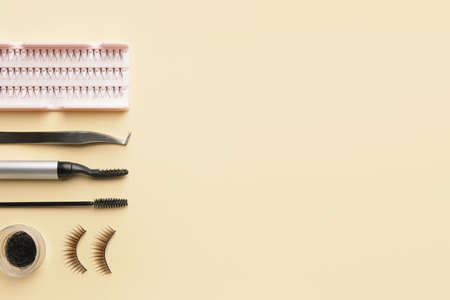 Composition with false eyelashes and tools on color background
